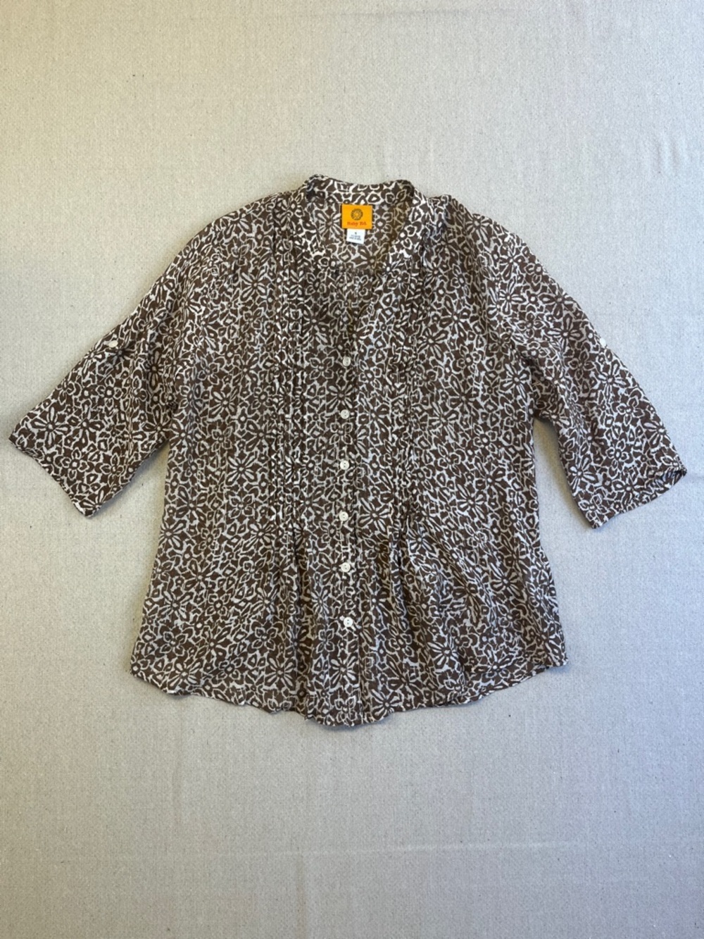 Ruby Rd Brown Floral Button Front Blouse 3/4 Sleeve Size Small